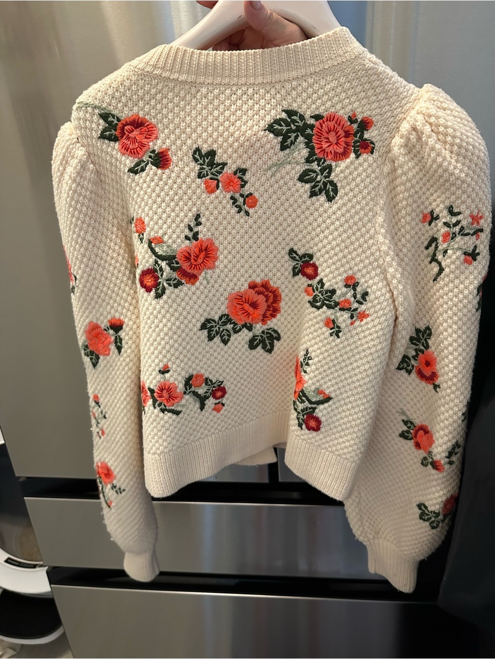 Alice + Olivia Cream Cardigan with Coral Floral Embroidery and Pink Bow - Picture 9 of 9